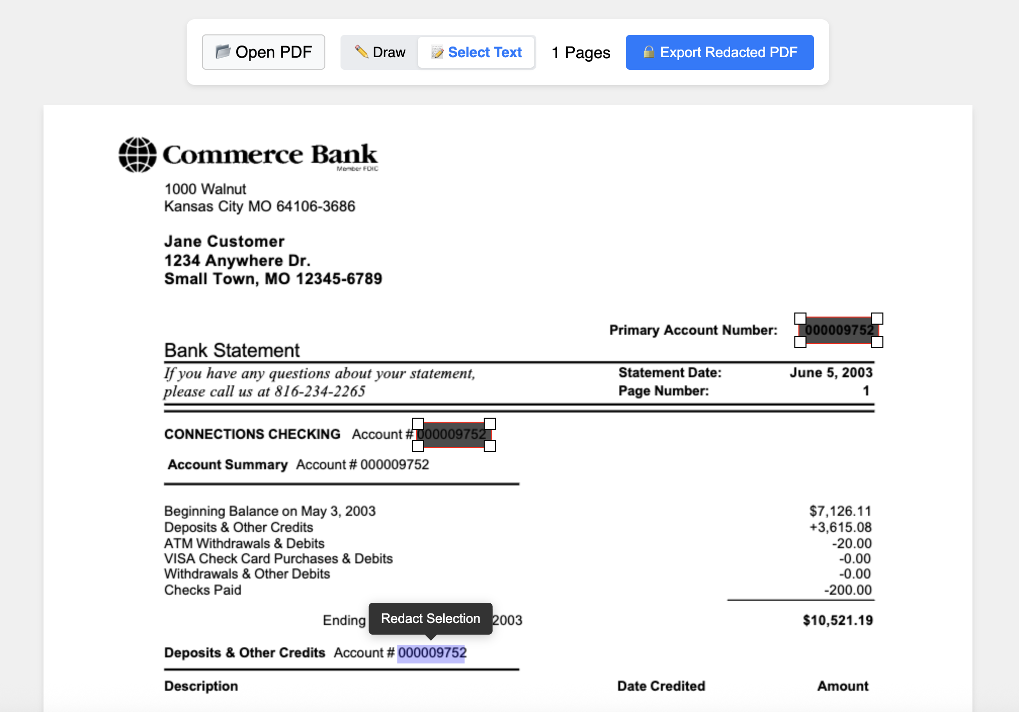 Just Redact Tool Interface